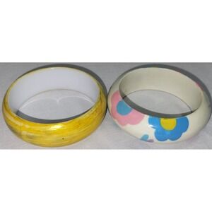Vintage Bangle Bracelet Set Multicolor Yellow & Floral Chunky 1980s Retro